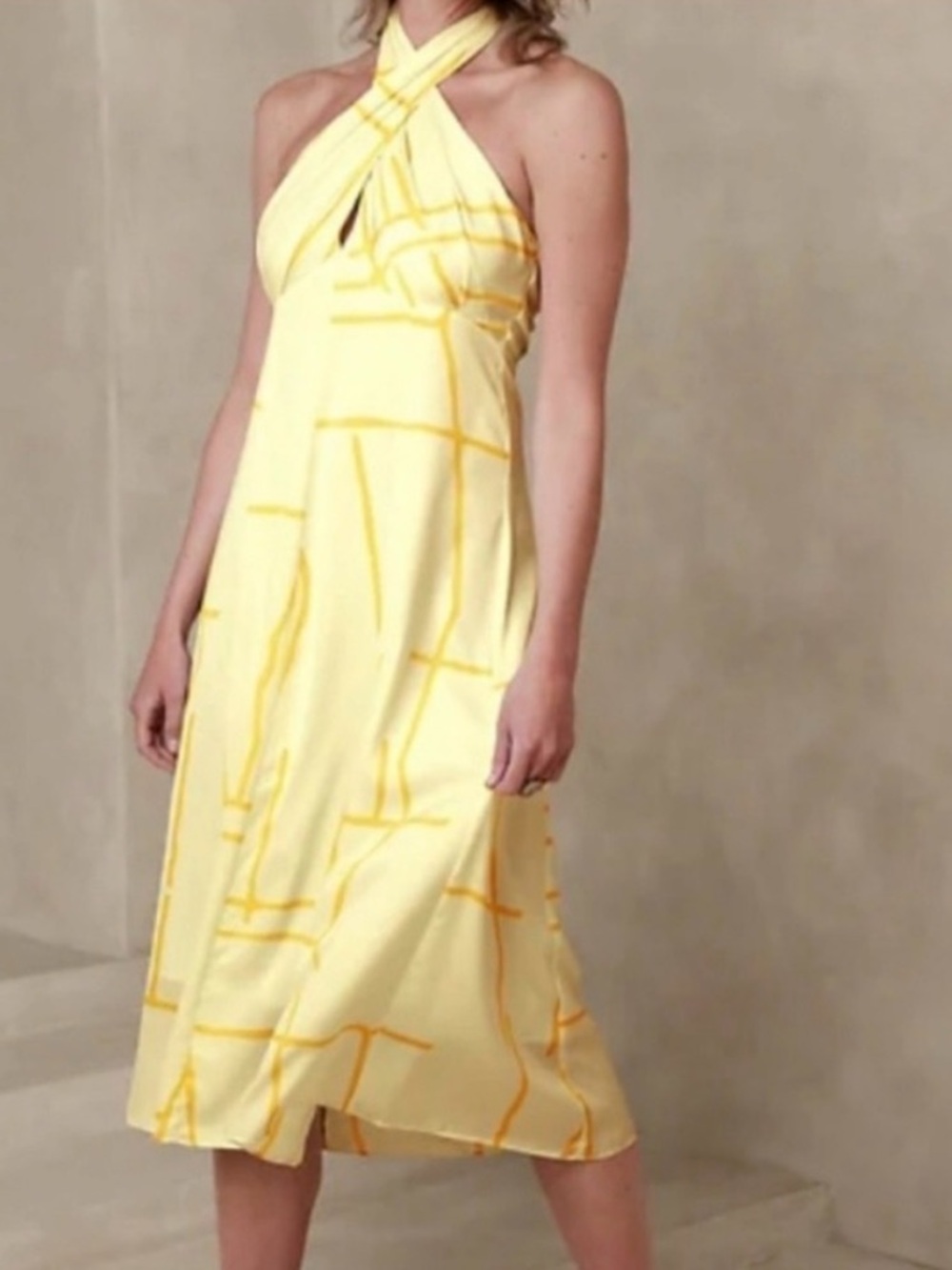 Banana Republic Yellow Halter Midi Dress with Subtle Grid Print